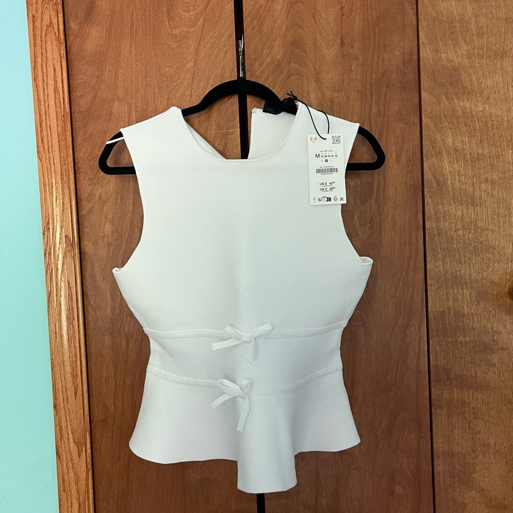 Zara White Tie Front Peplum Tank Top